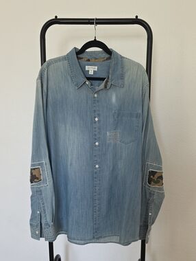 Light Blue Denim Men's Shirt with Camouflage Elbow Patches